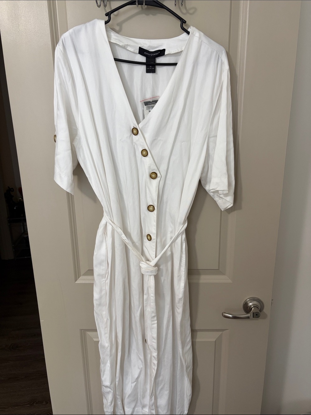 Ashley Stewart White Button-Front Maxi Dress with Tie Waist